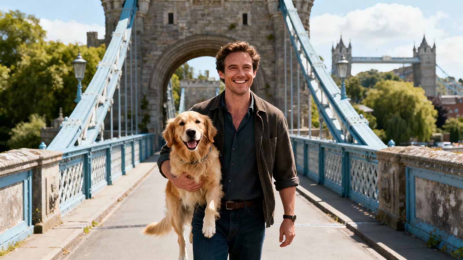 Man and Golden Retriever Walk a Sunny Bridge
