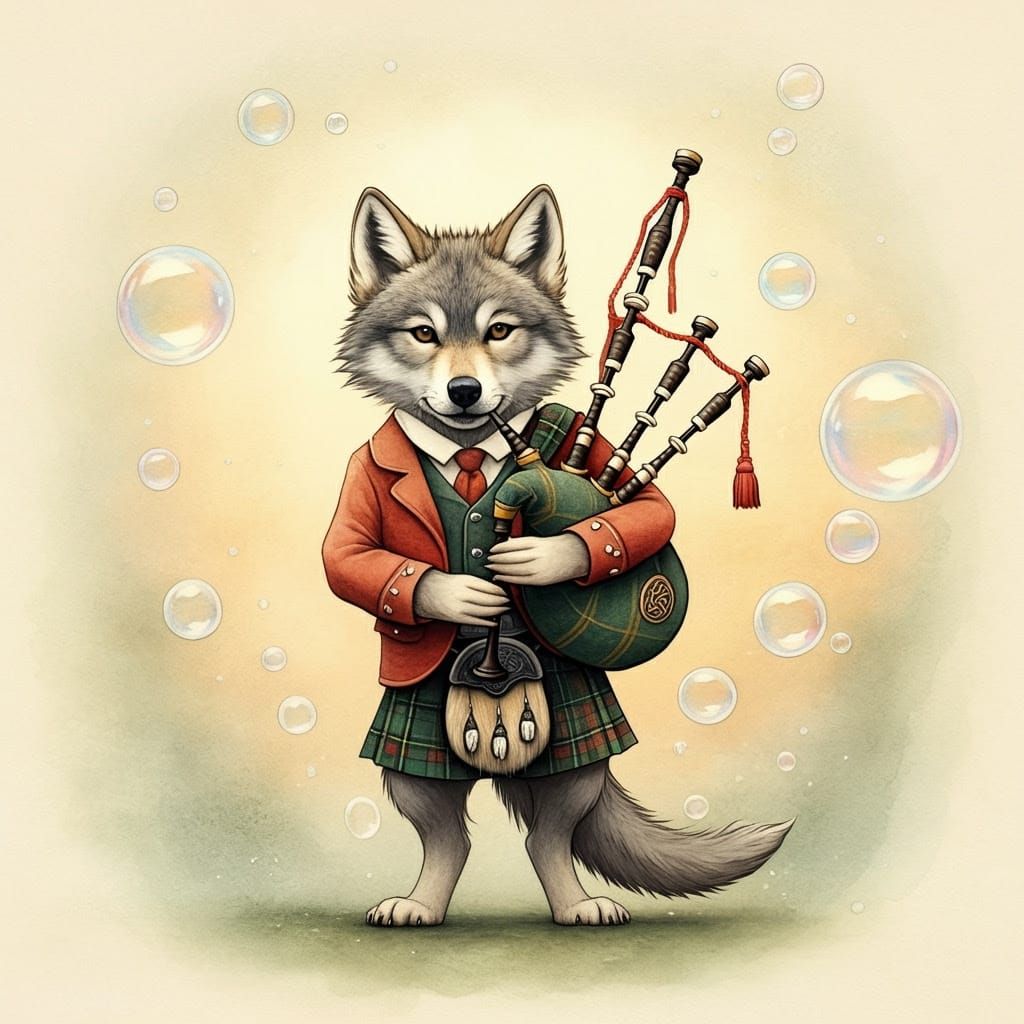 Wolf Cub Piper in Bubble Field: Watercolor Art