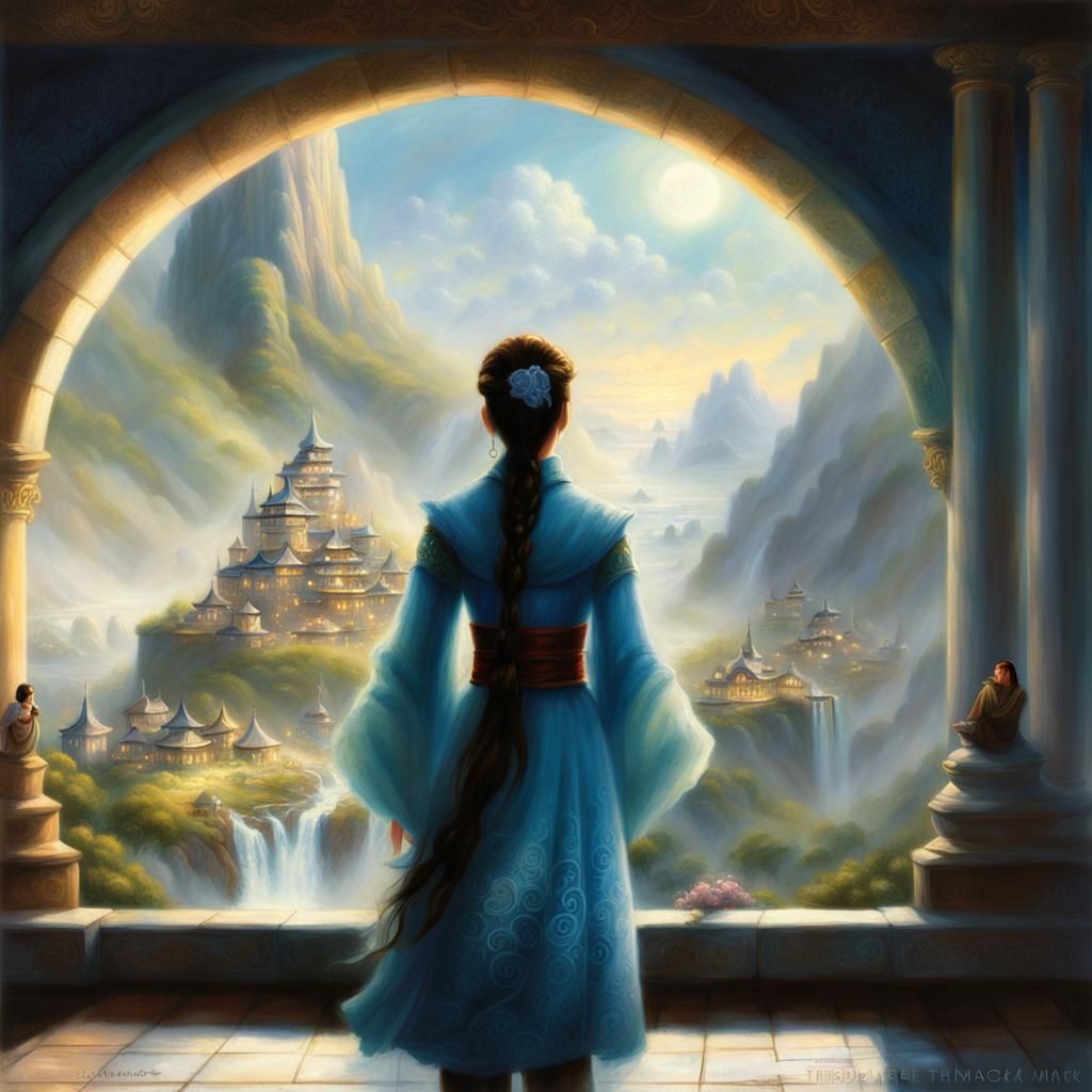 Ethereal Katara in Misty Fantasy Landscape