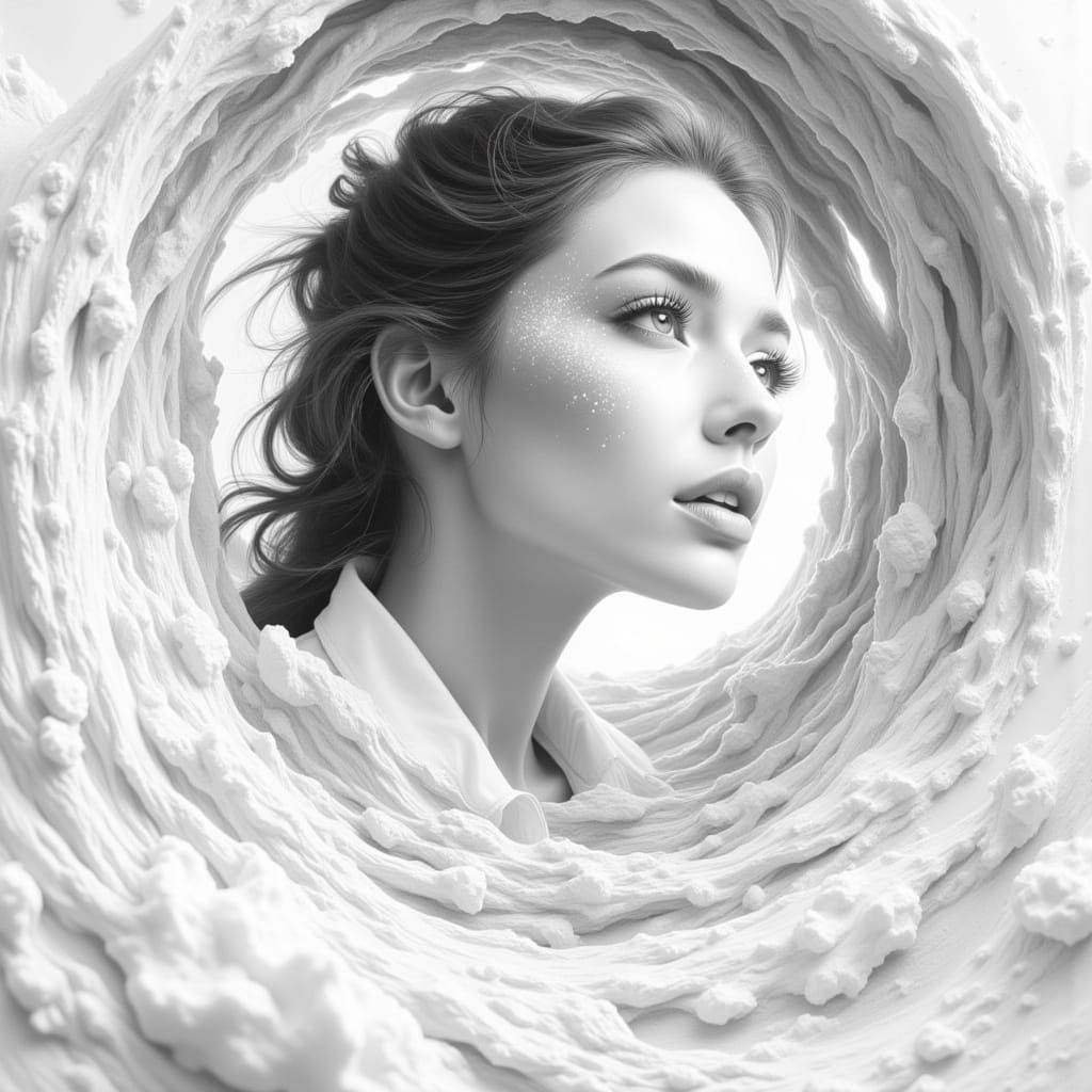 Woman in White Hole: Romantic Realism Drawing