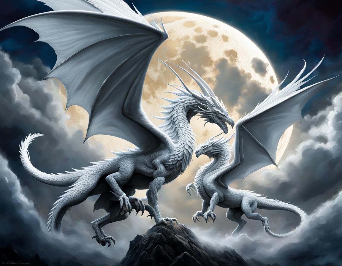 digital painting of two majestic white dragons with highly detailed heads and tails, soaring through the clouds, etherea...