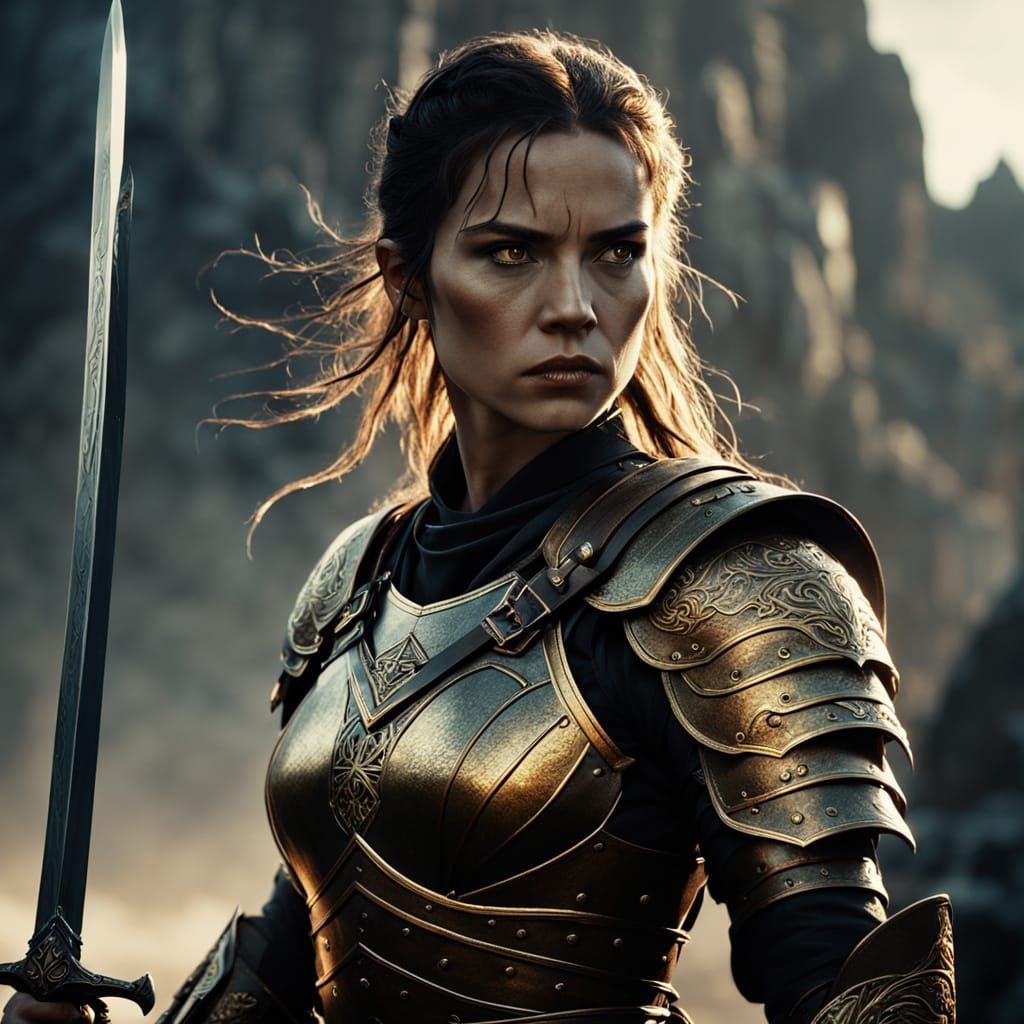 Legendary Warrior Woman with Sword in Dark Fantasy Style