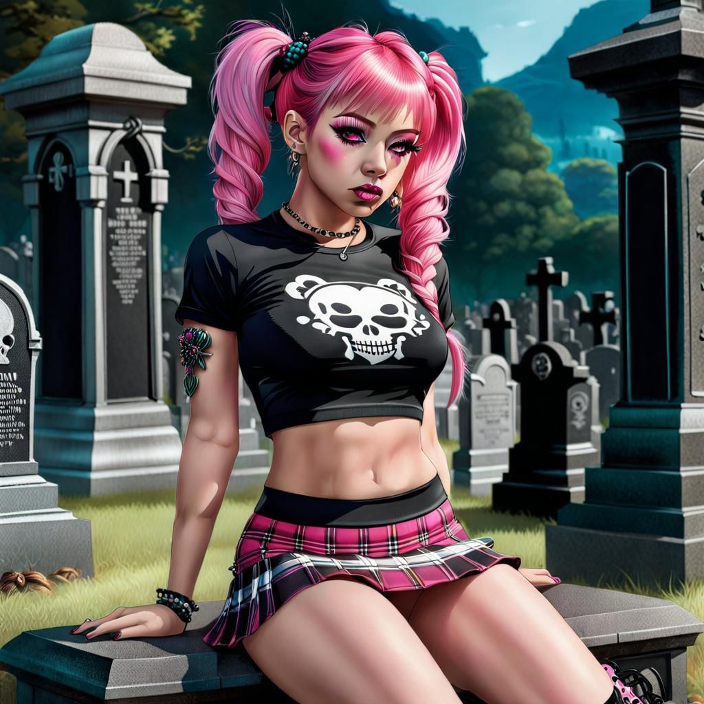 Gothic Woman with Pink Hair in Graveyard: Hyperrealistic Art