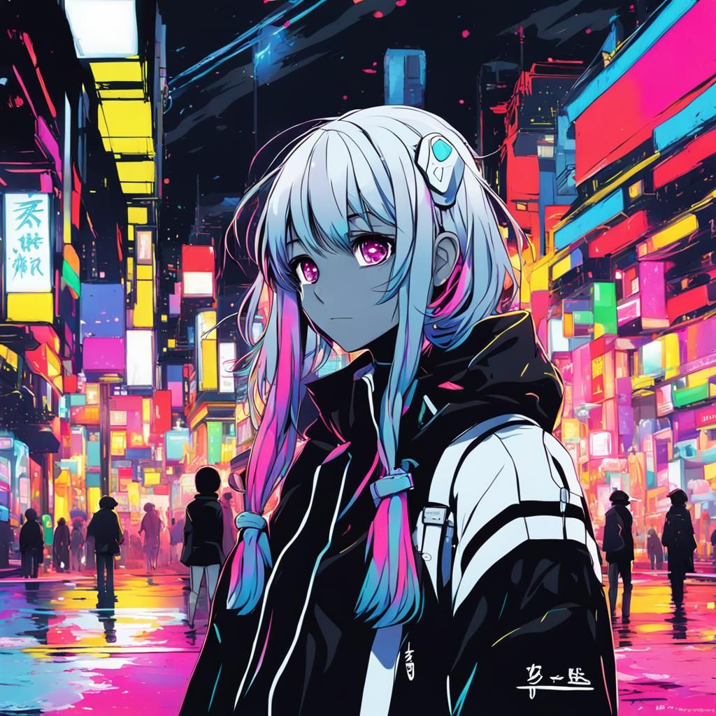 Neon Girl in Black and White Anime World