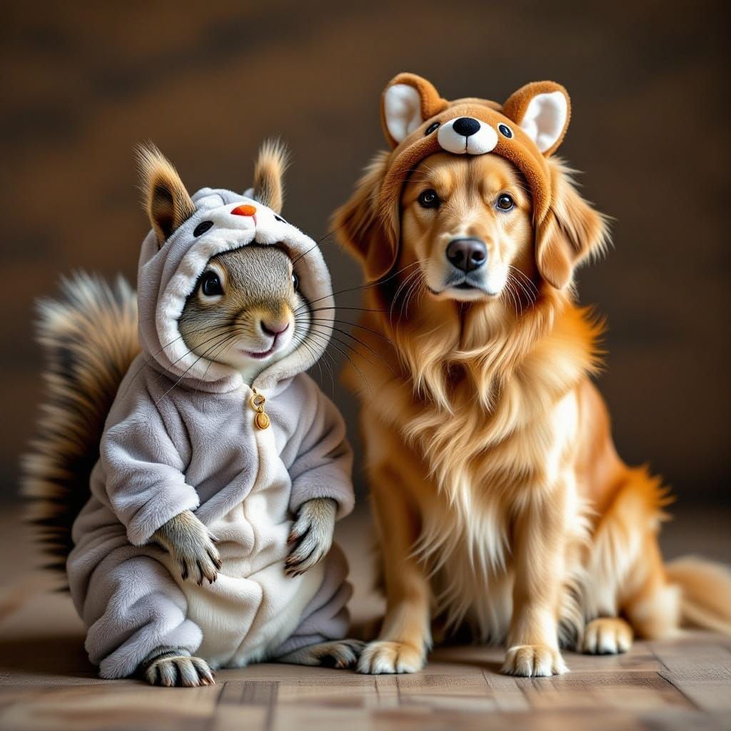 Hyperrealistic Dog and Squirrel in Costumes