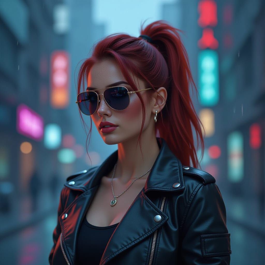 Redhead Hacker in Matrix Cityscape: Cyberpunk Digital Art