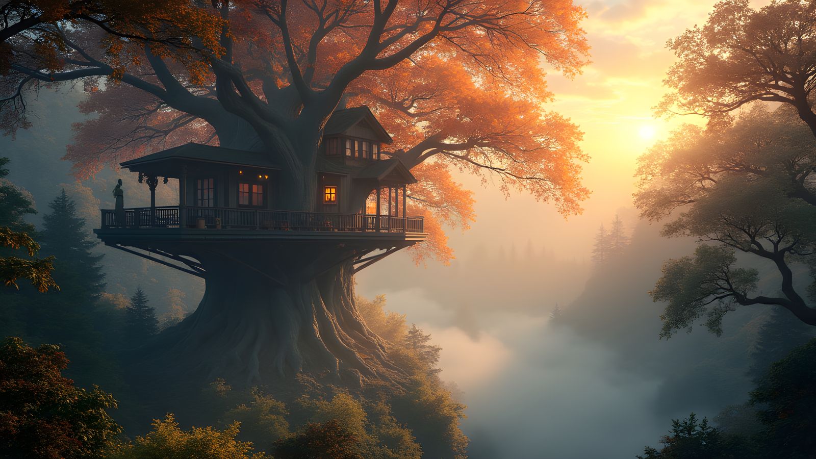 Elven Tree House in Forest at Dawn
