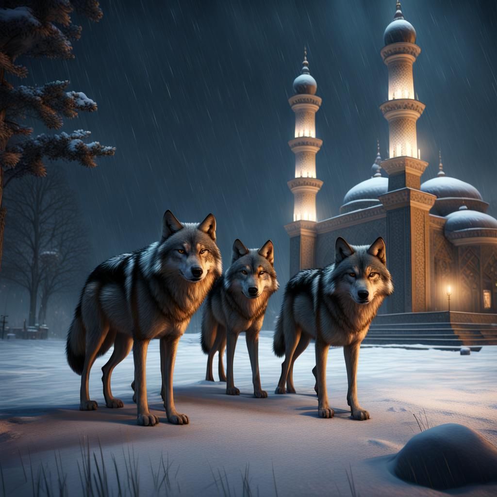Hyperrealistic Wolves in Snowy Night Scene