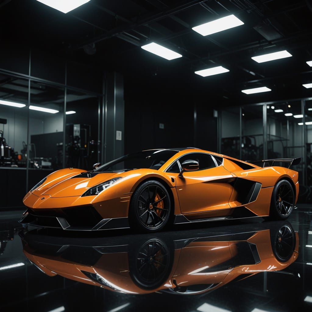 Epic Cinematic Film Still of a Super Car in Black and Orange