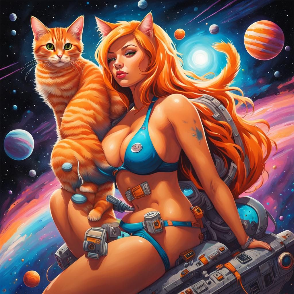 Woman and Cat in Space: Graffiti Art Style