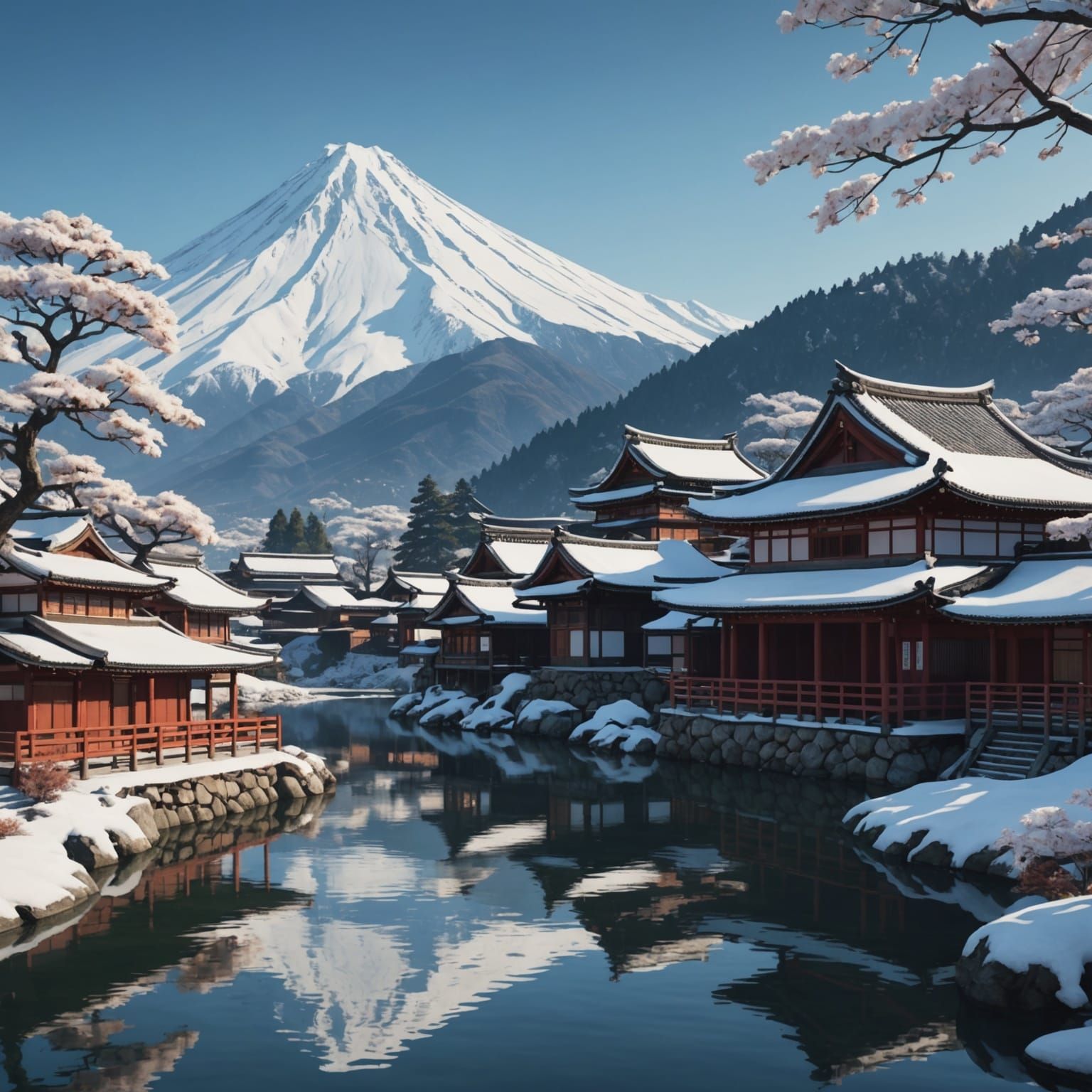 Ukiyo-e Japanese Village by Lake with Mountain