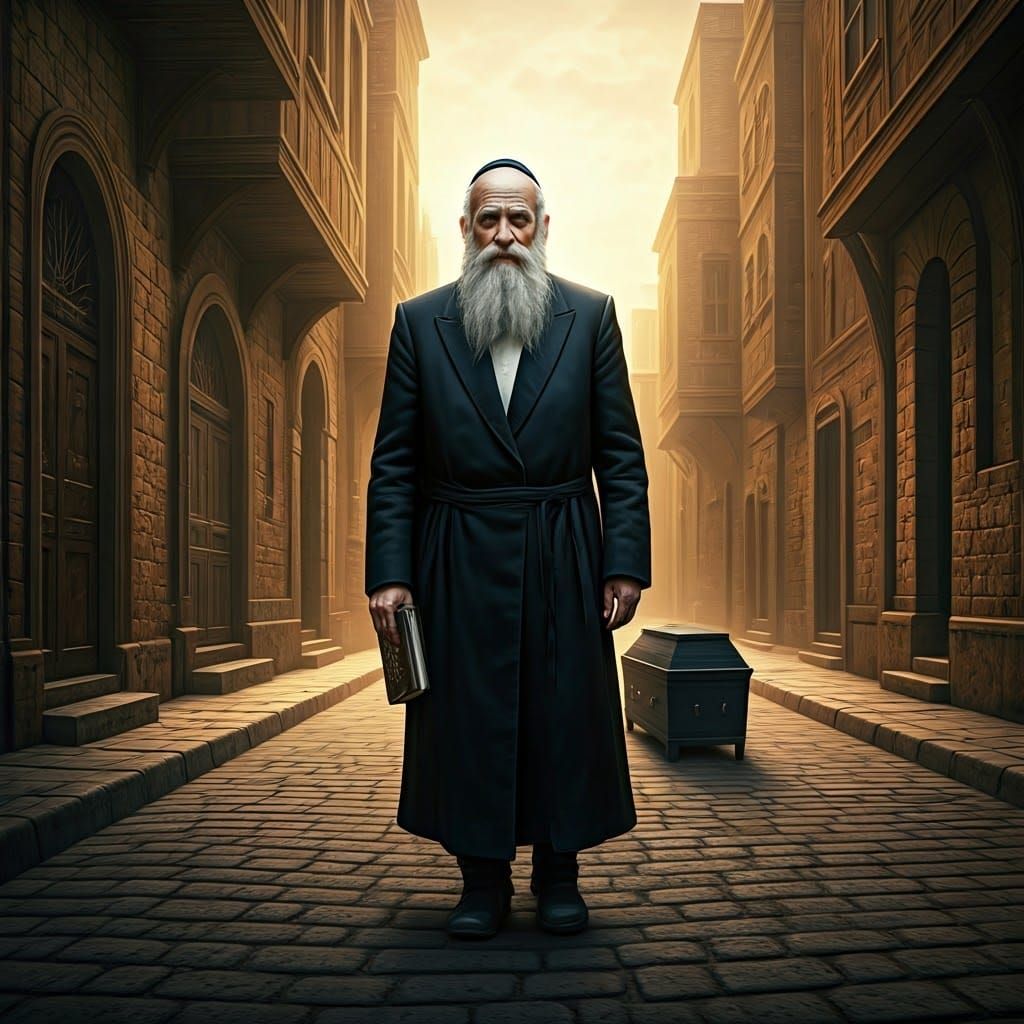 Rabbi Walking Down Cobblestone Street with Casket