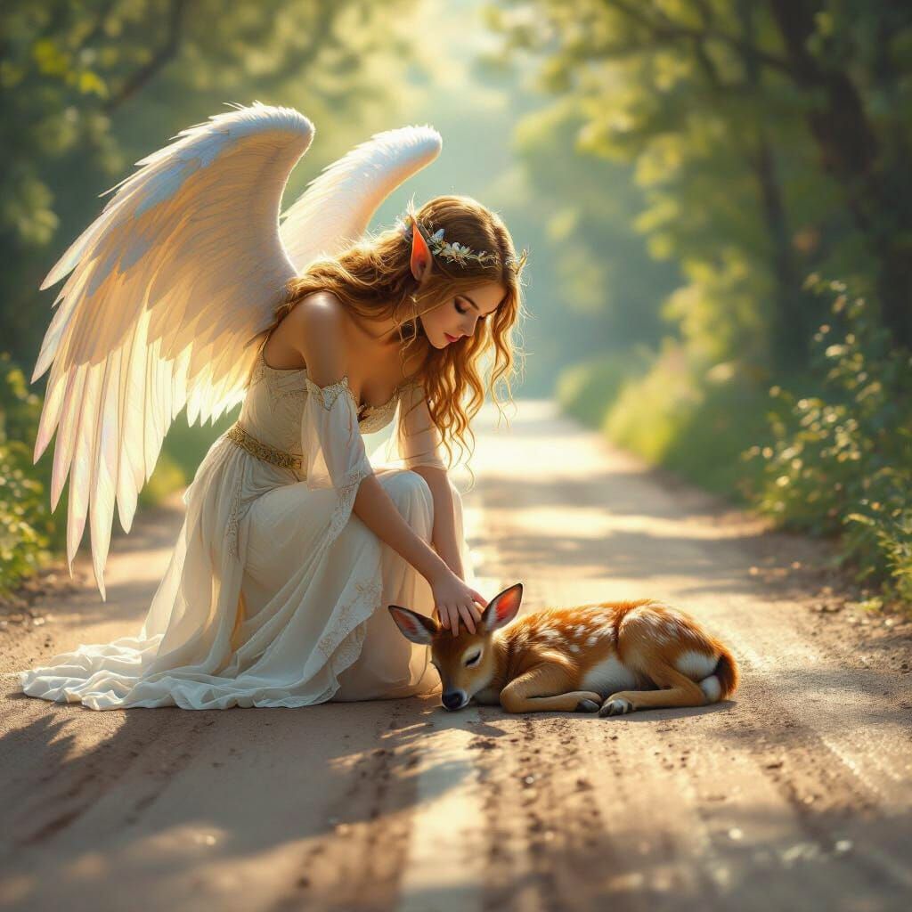 Elven Angel Comforts Sleeping Deer on Sunny Road