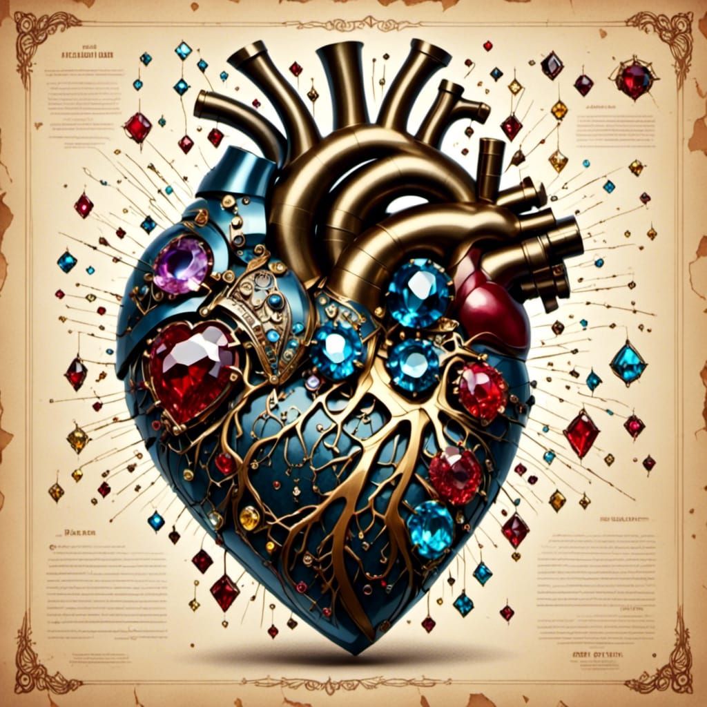 Gemstone Heart Schematic on Vintage Paper