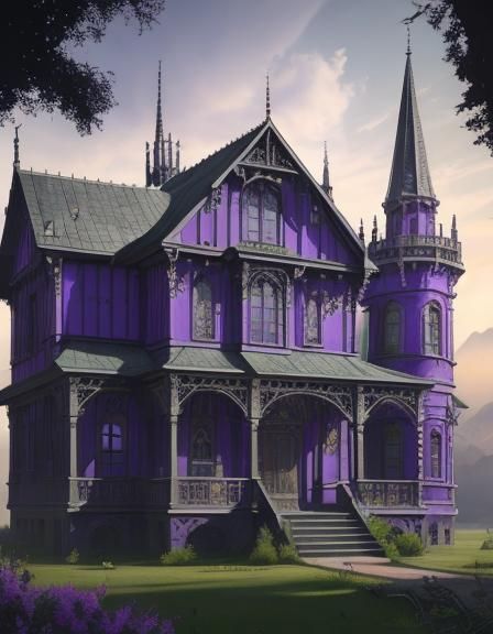 Realistic vibrant purple Gothic house& hyperdetailed intricately detailed cool colors gothic art hyperrealism photoreali...