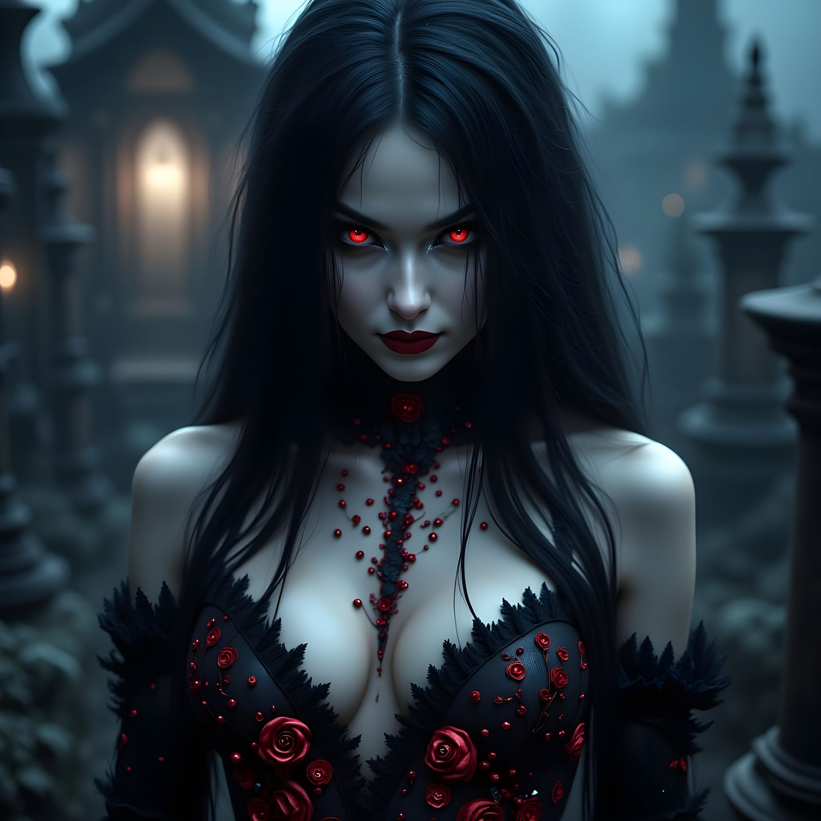 Gothic Necromancer Portrait in Moonlit Graveyard