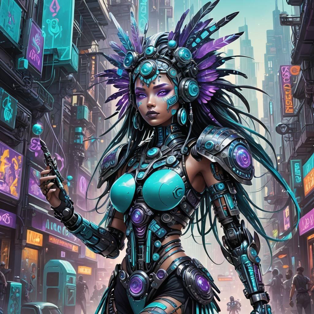 Aztec Robot Girl in Cyberpunk Candy Cityscape