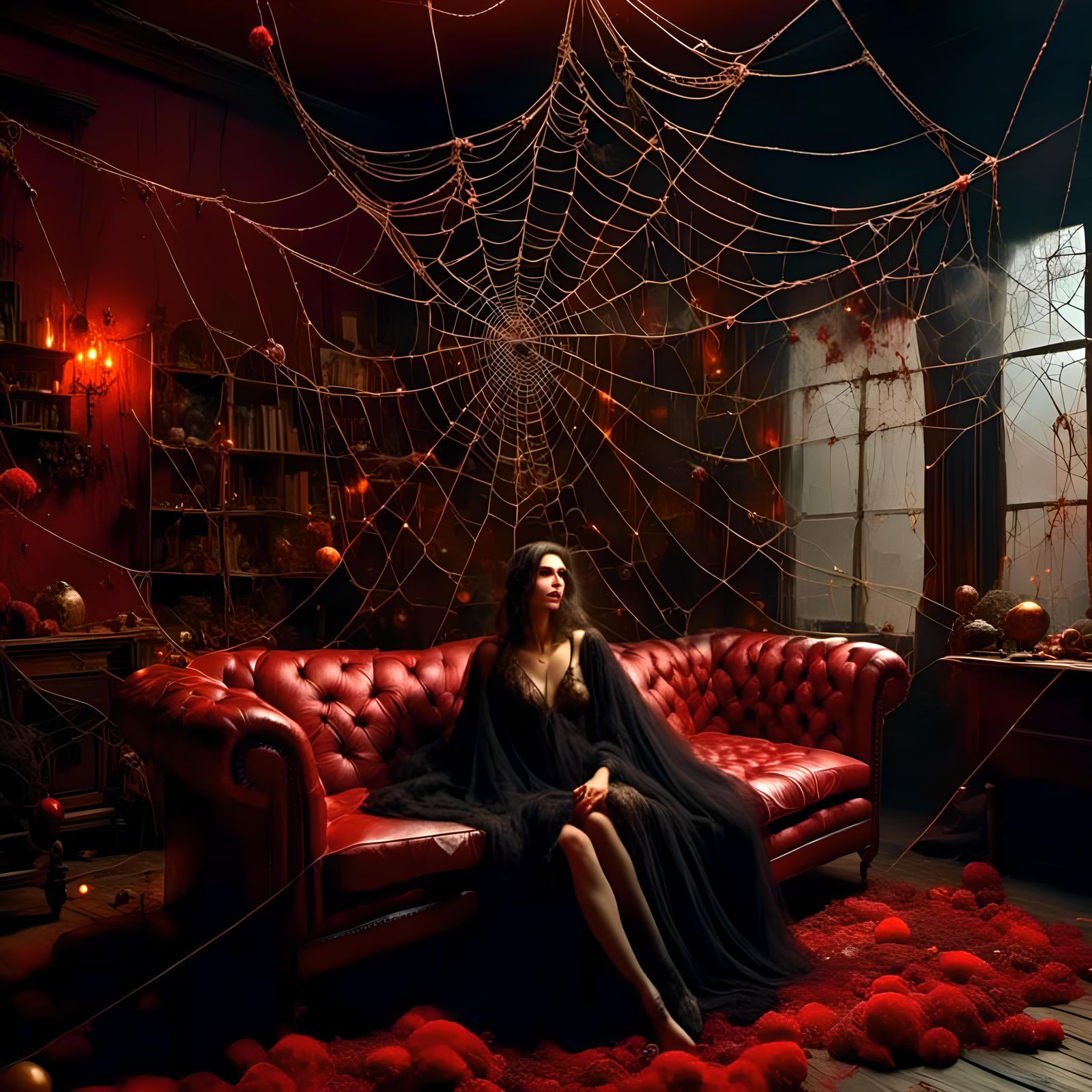 Woman in Dark Robe on Leather Sofa