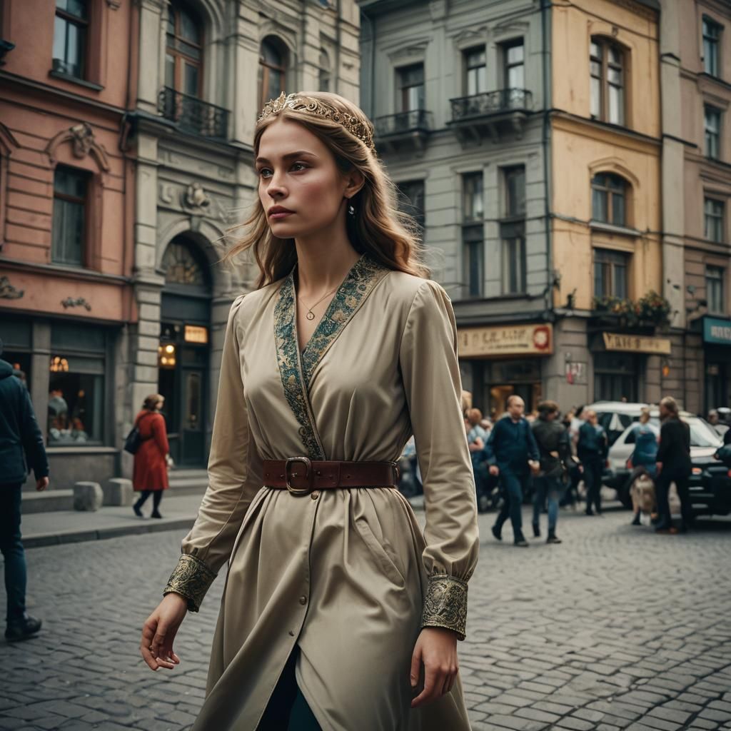 Russian Princess in City Street: Cinematic Film Still