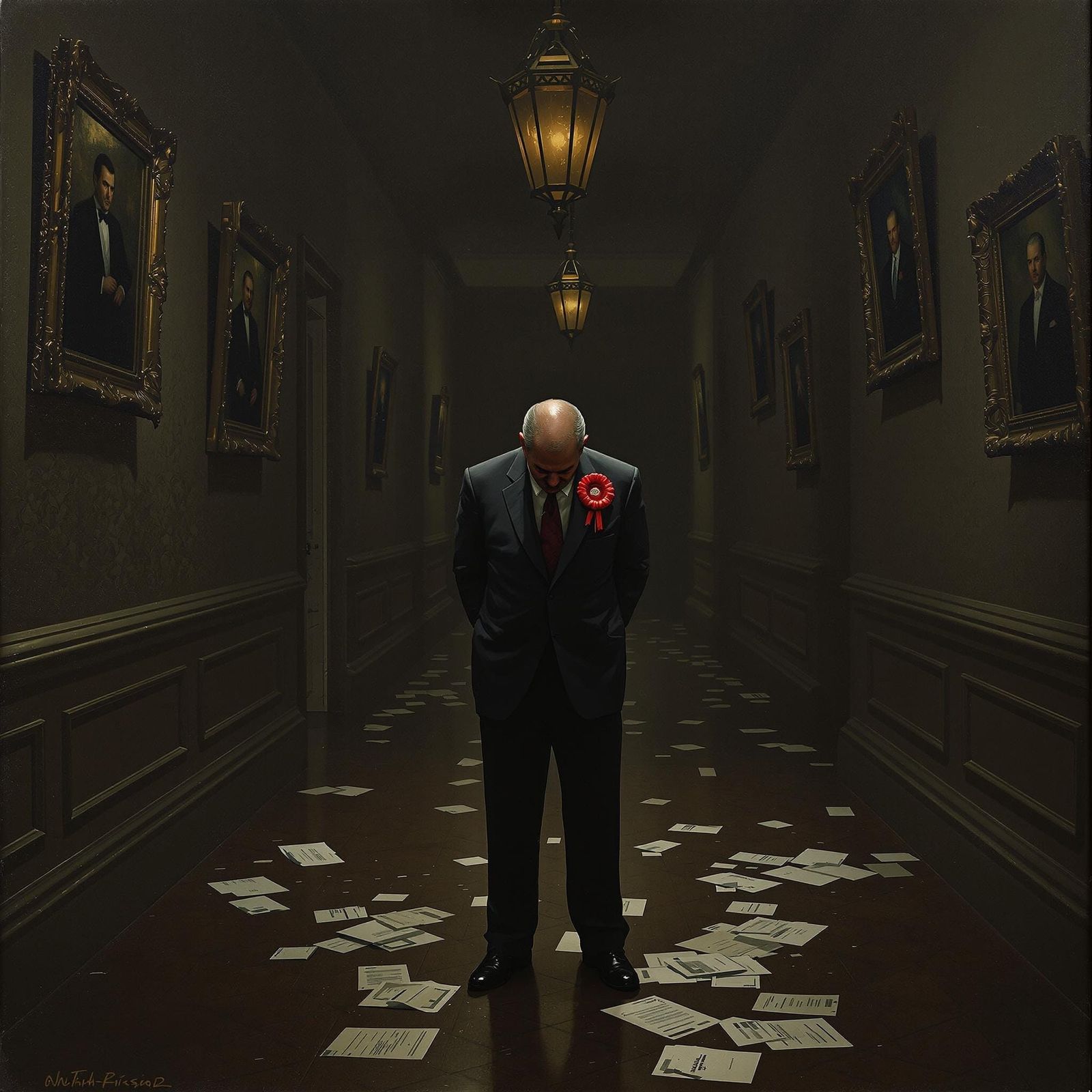 Shameful Politician in Ornate Hallway