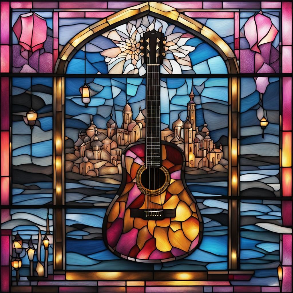 Stained Glass Guitar and Dandelion Design