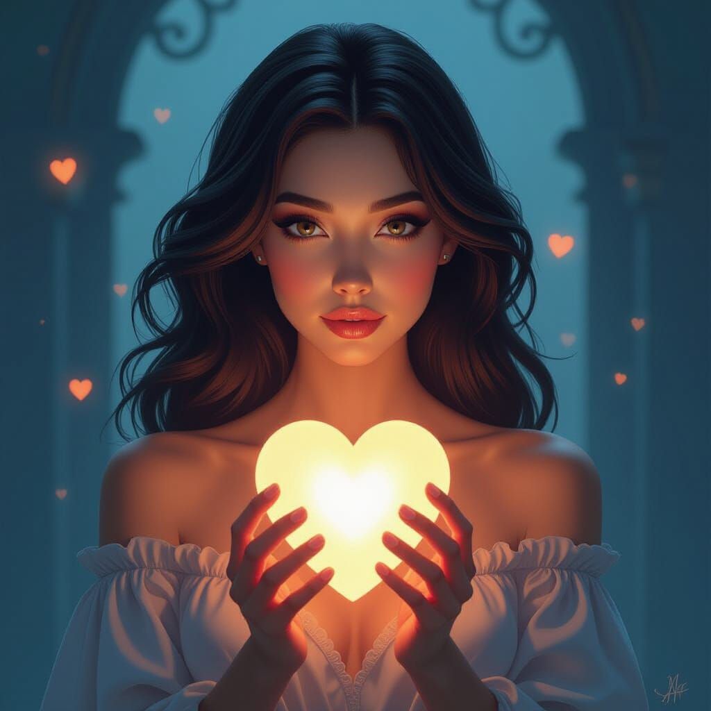 Woman Holding Glowing Heart Light in Dark