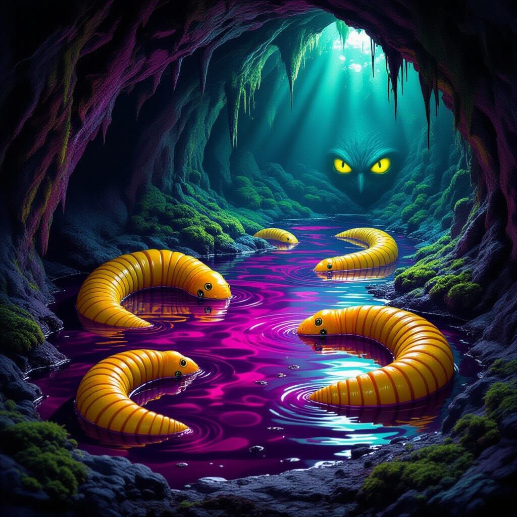 Segmented Worms Drinking in Violet Cave: Horror Fantasy