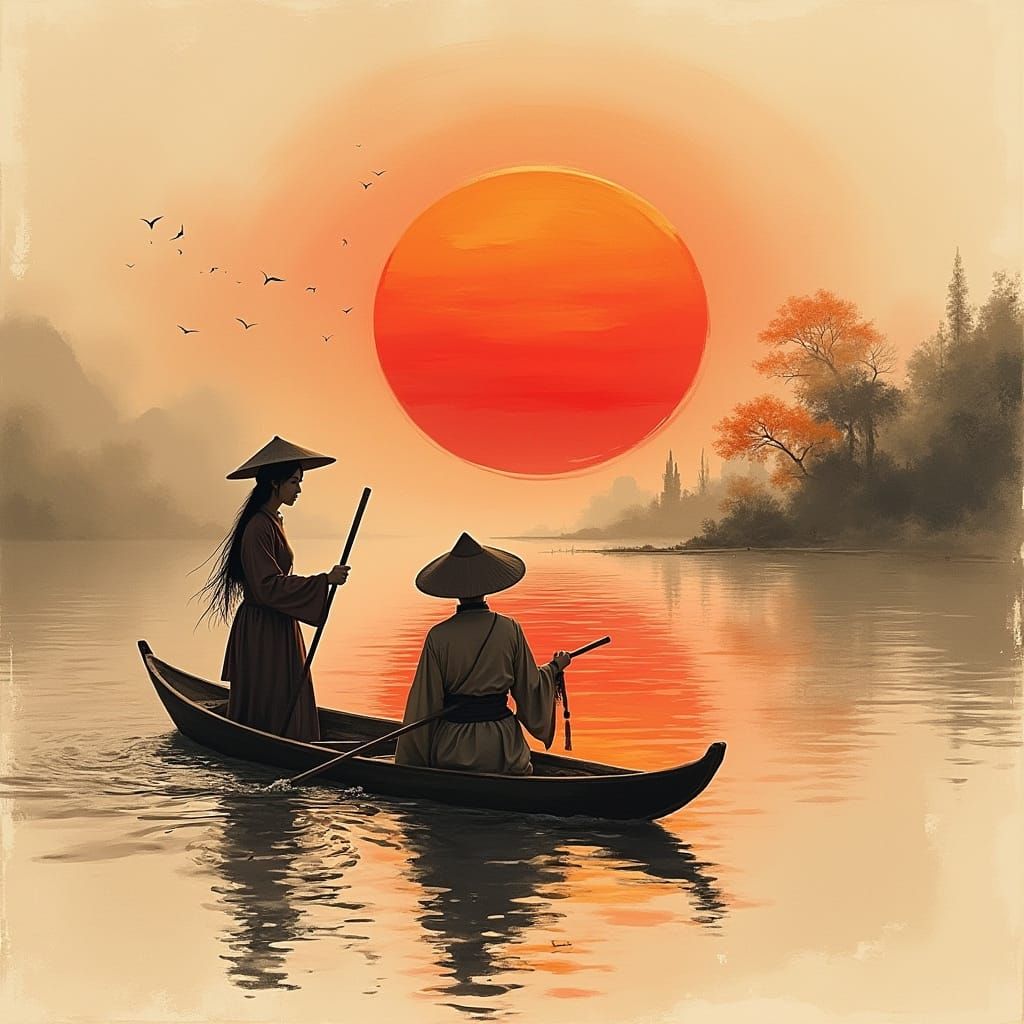 Serene Sunset: Chinese Woman Punting in Ink Style