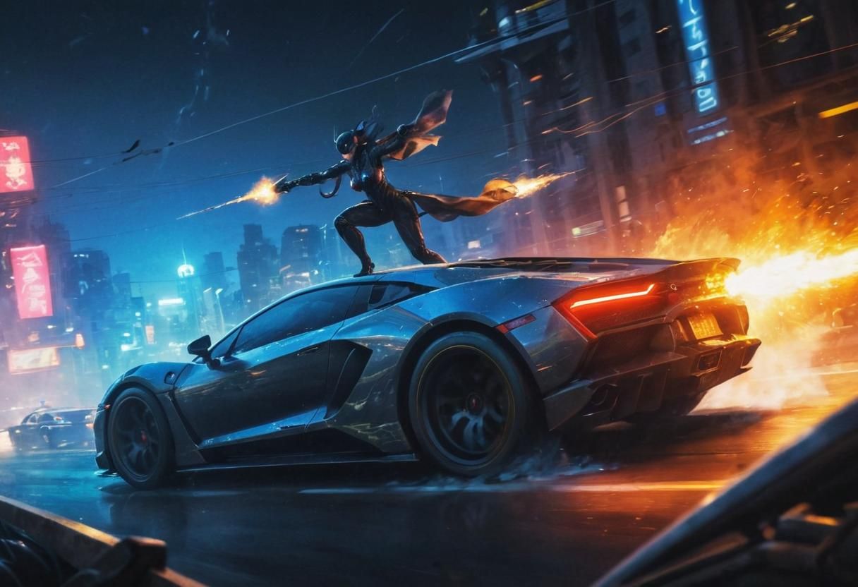 Cyberpunk Catgirl Supercar Chase: Action Anime Art