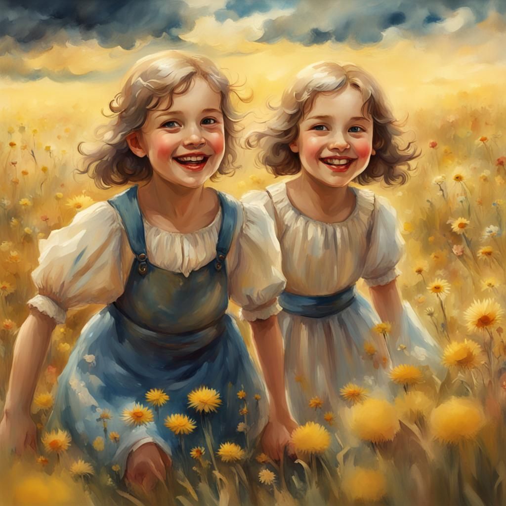 Girls Playing on Meadow in 3D Watercolor Style