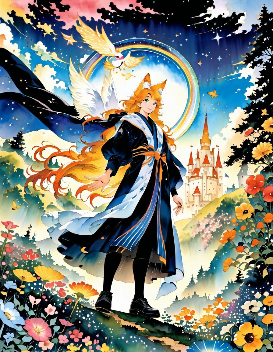 Winged Fox Heroine in Watercolor Fantasy Landscape