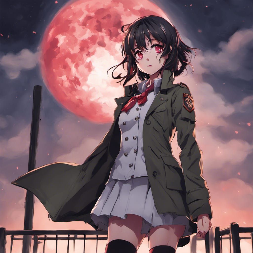 Anime Girl in Military Coat Under Blood Moon