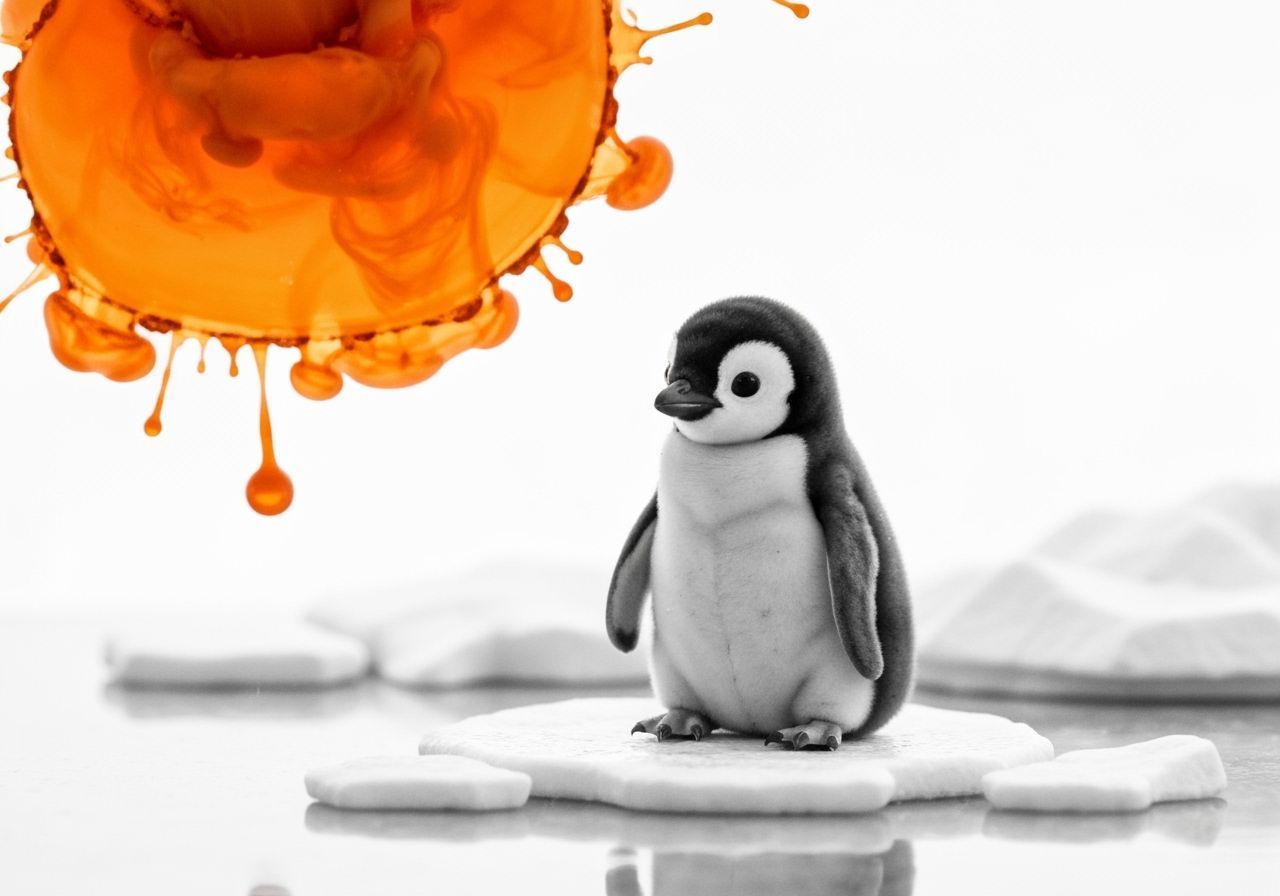 Cute Penguin on Ice with Orange Ink Splash