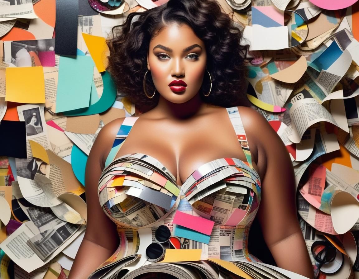 Collage of Curvy Model with Mixed Media Elements