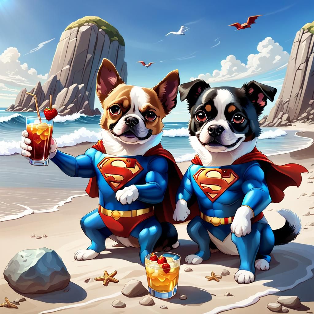 chibi fantasy dogs dressed as Superman and Lois Lane, Superm...