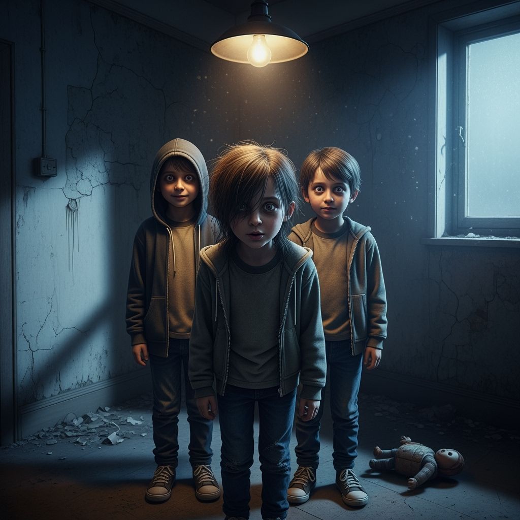 Eerie Children in Dimly Lit Room, Cinematic Style