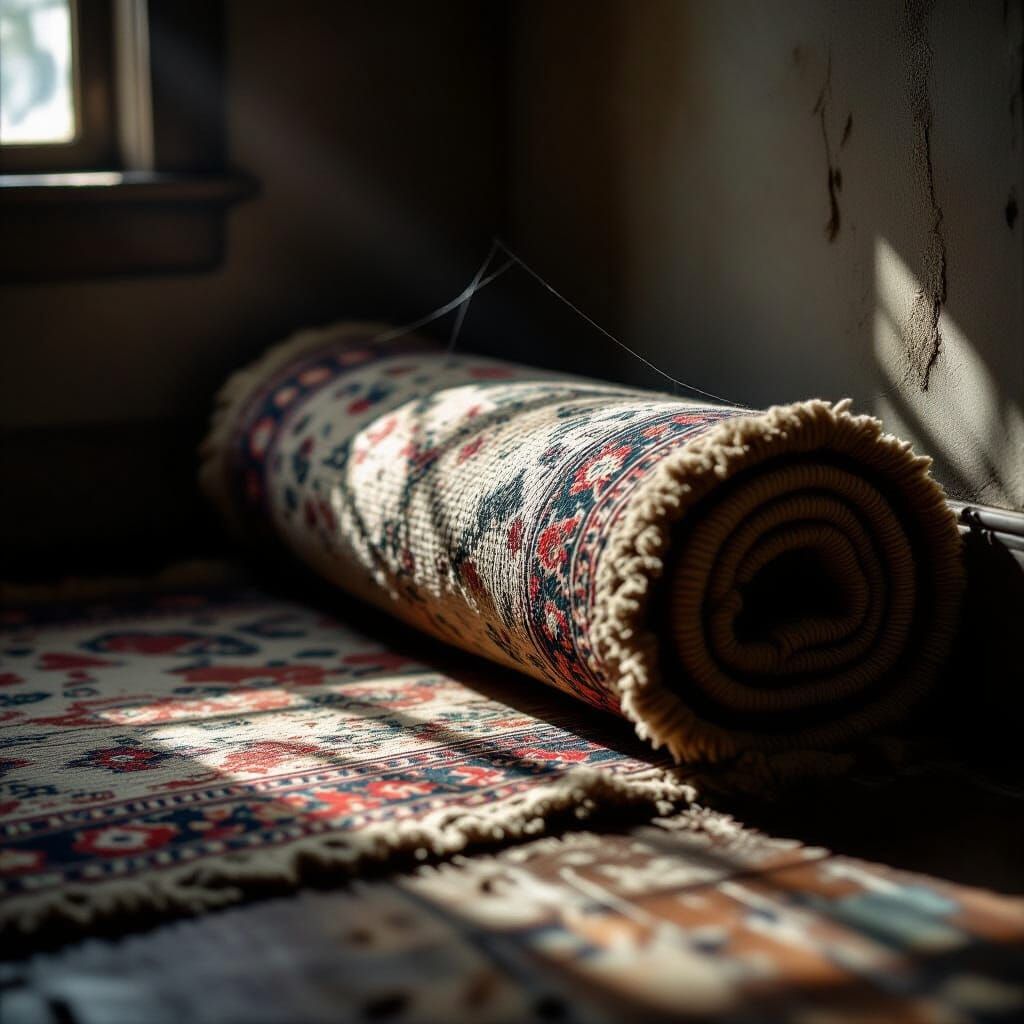 Old Rolled Rug in Dimly Lit Den, Photorealistic Style
