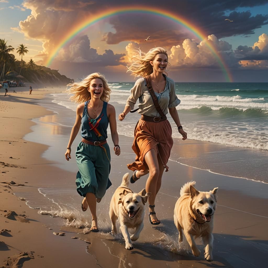 Blond Girls, Dog, and Rainbow on Beach at Sunset