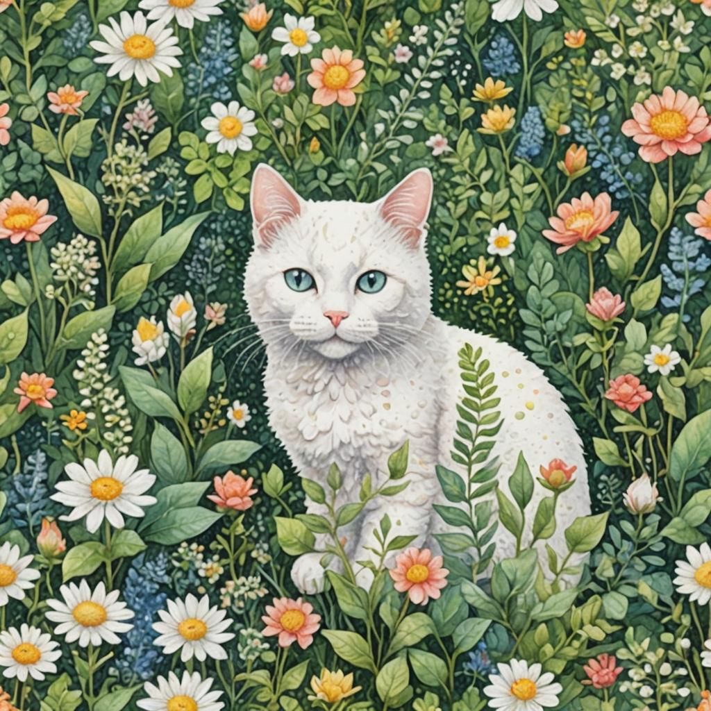 Botanical Pointillism: White Cat in Miniature Art