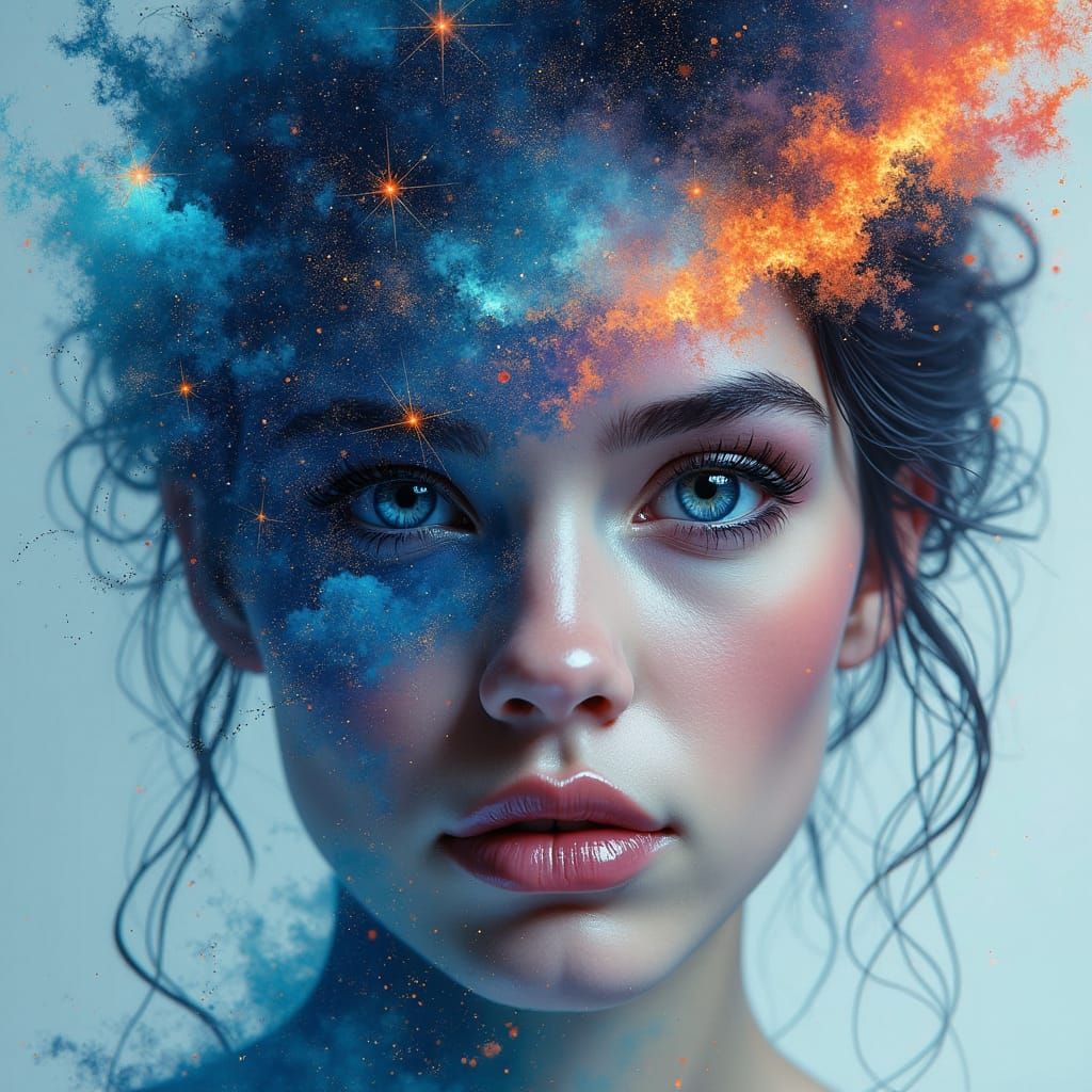 Celestial Aurora Double Exposure: Digital Ink Portrait