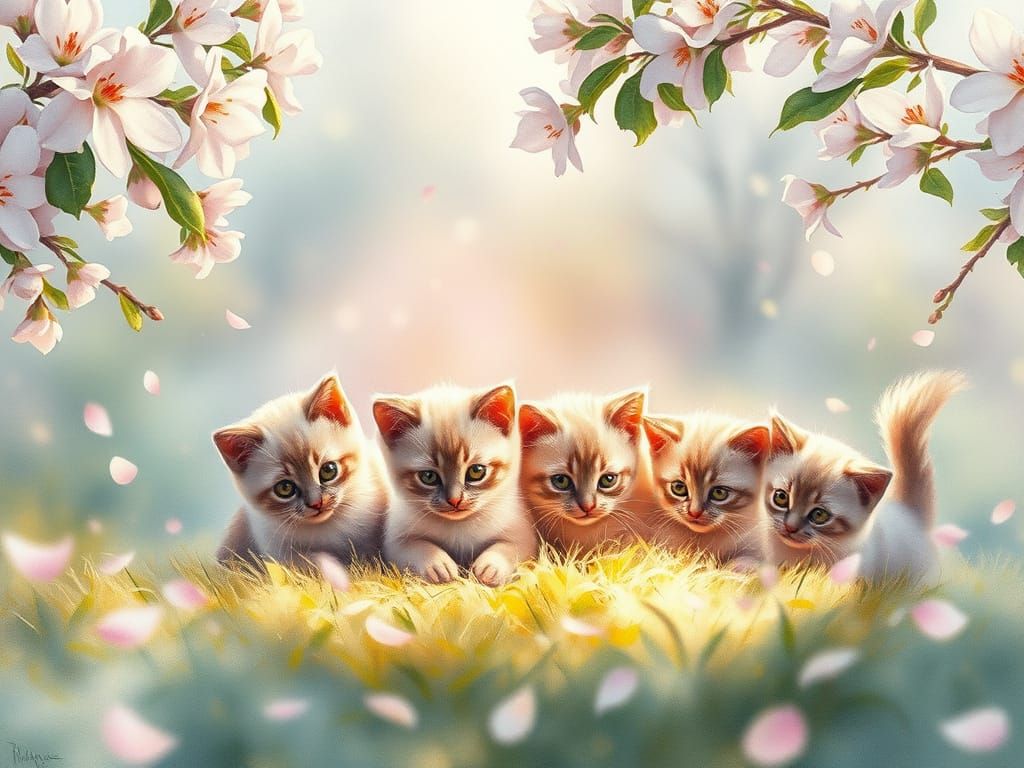 Balinese Cat Family in Impressionistic Dawn Meadow