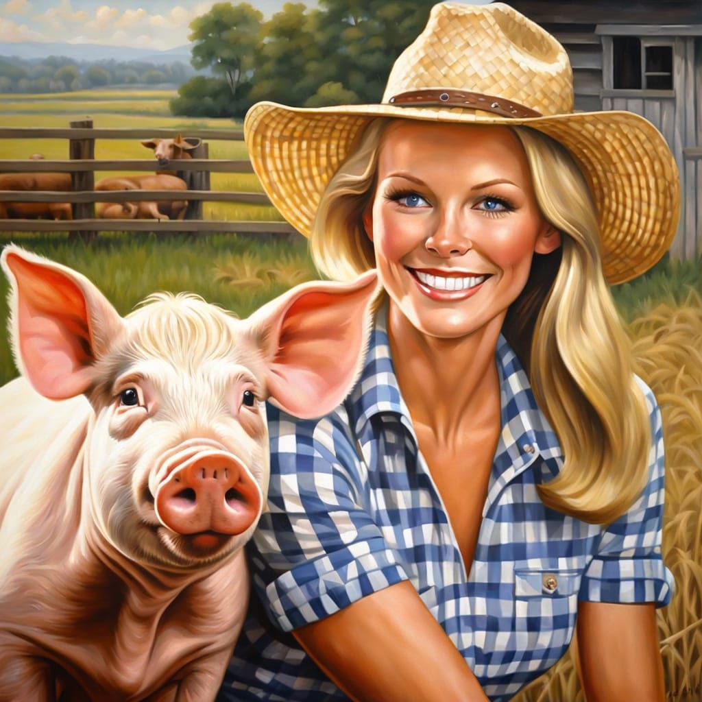 Blond Woman and Pig in Barnyard Oil Painting