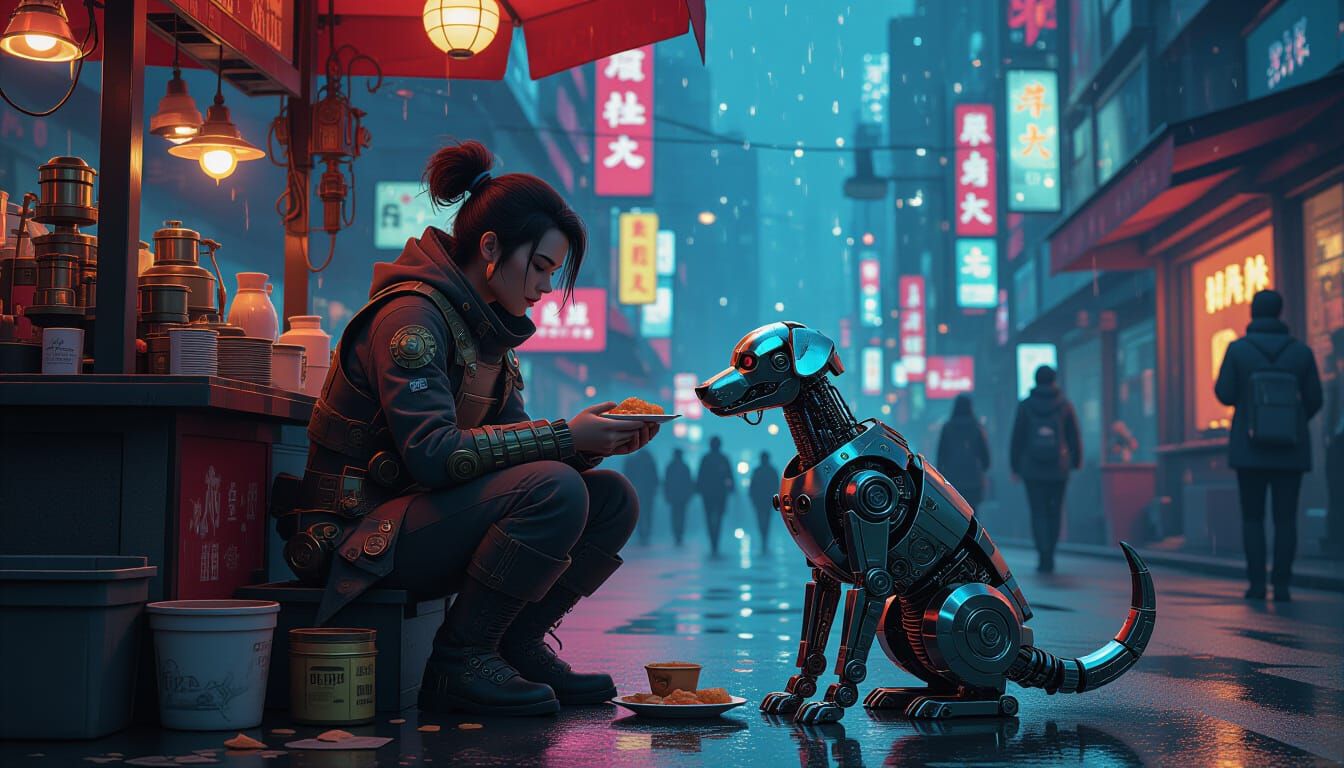 Steampunk Vendor Shares Food With Robot Dog