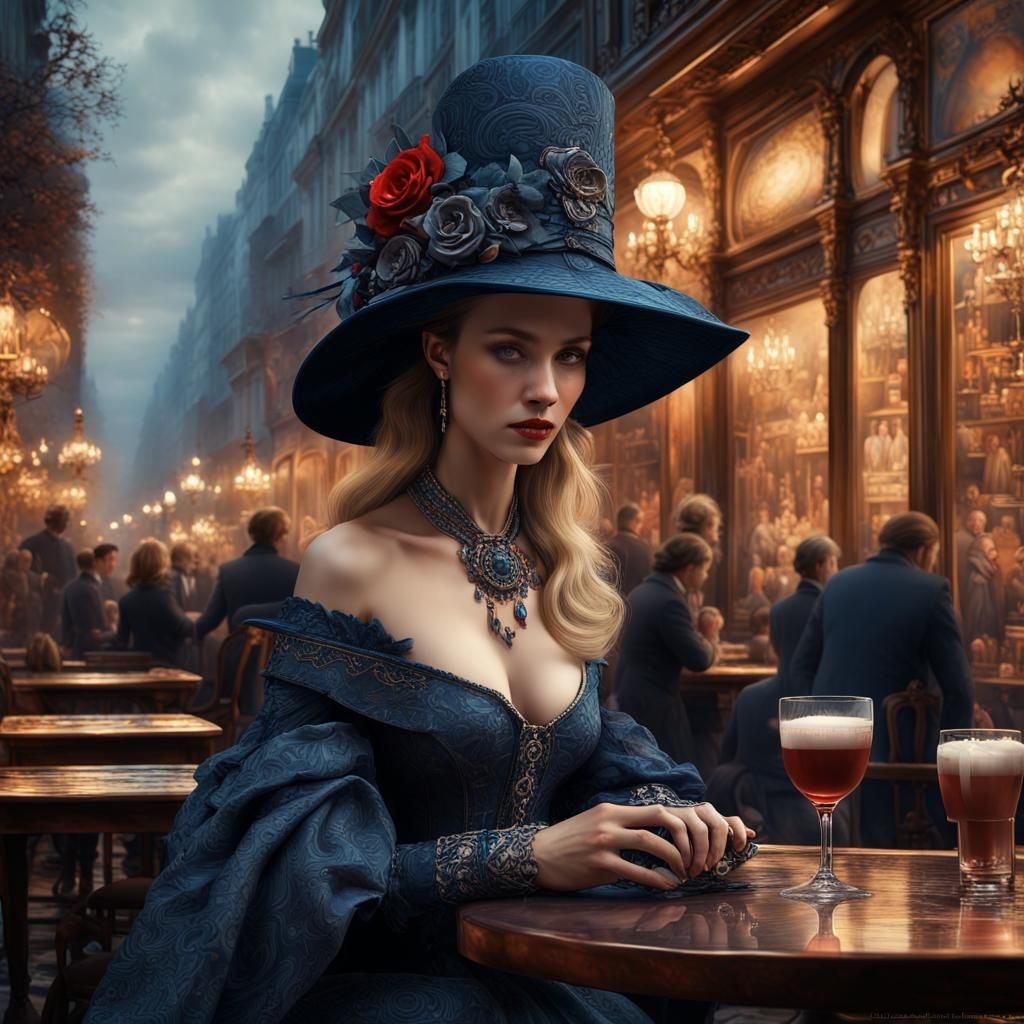 Beautiful Woman in Blue Dress at Paris Cafe