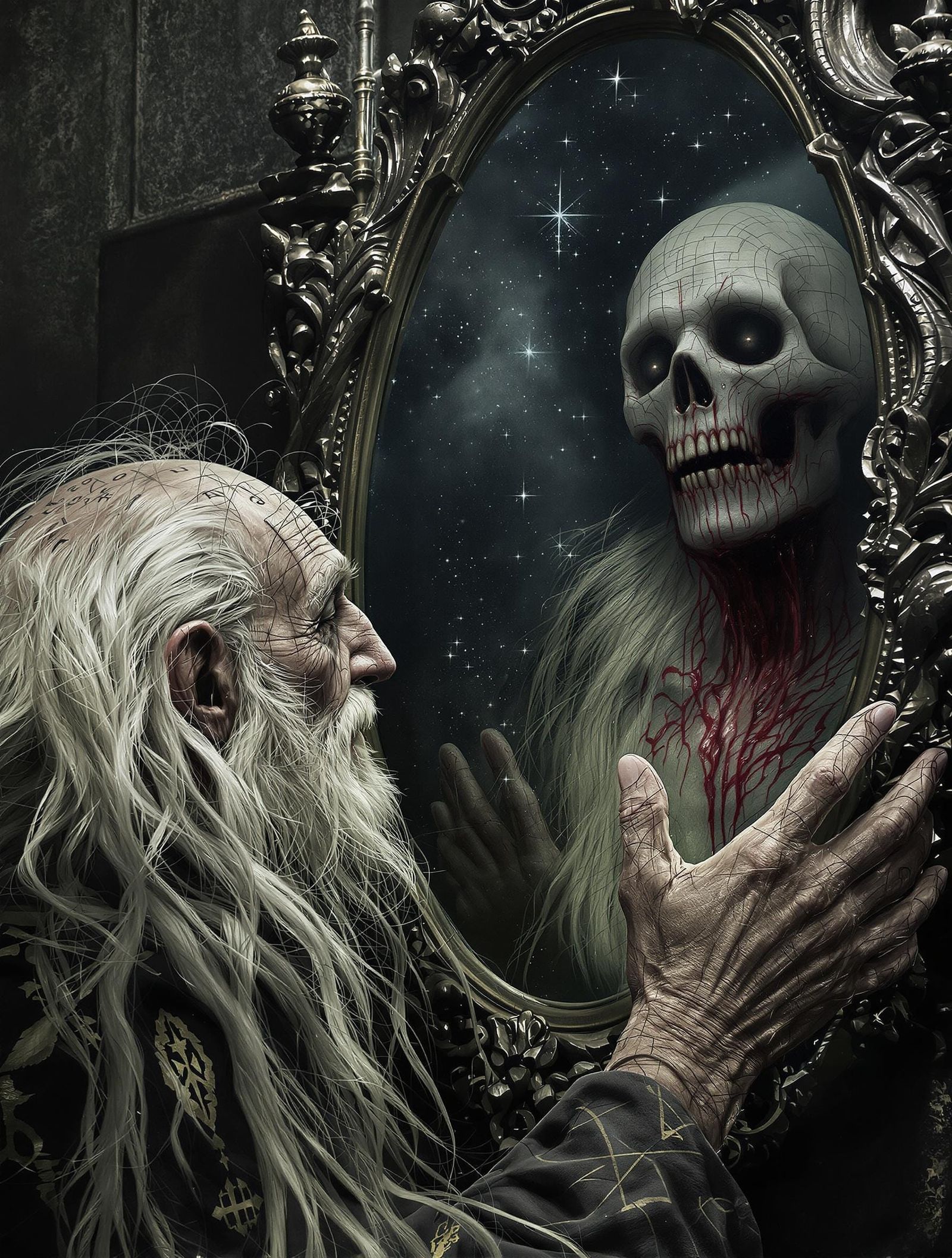 Ancient Sage Stares into Haunting Mirror Reflection