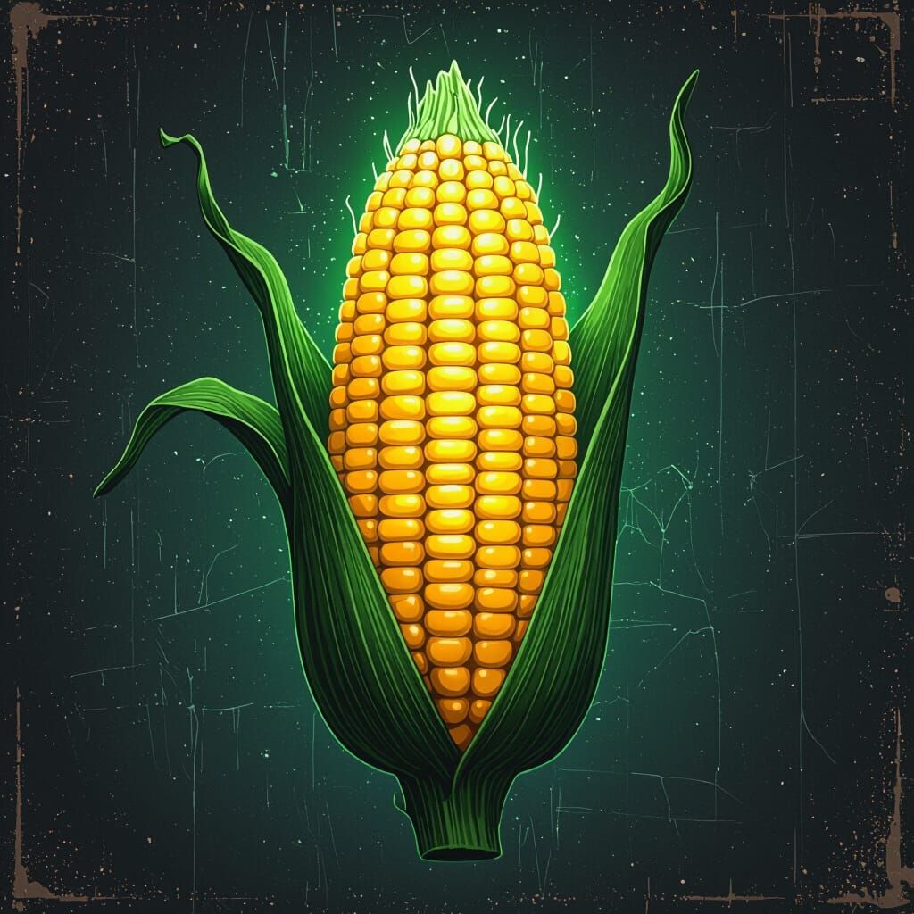 Glowing Crystalline Corn in Retro Sci-Fi Style