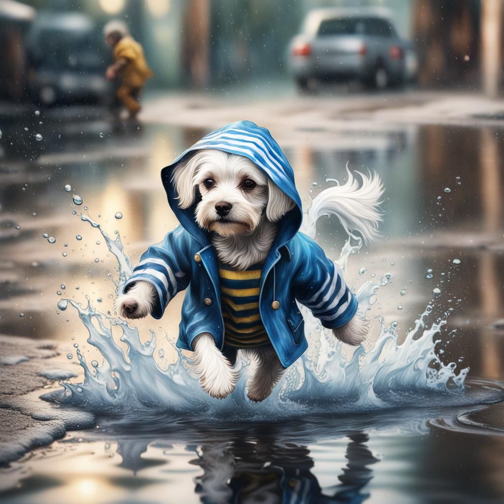 A Little Maltese dog in a raincoat in the rain.
