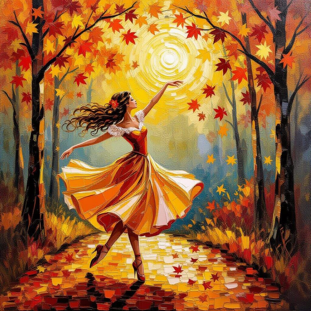 Autumn Dances in Golden Light Neo-Impressionist Style