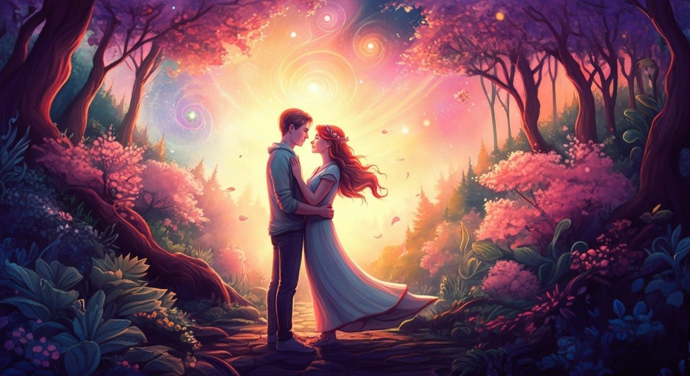Mystical Forest: Vibrant Pencil Sketch of Young Couple