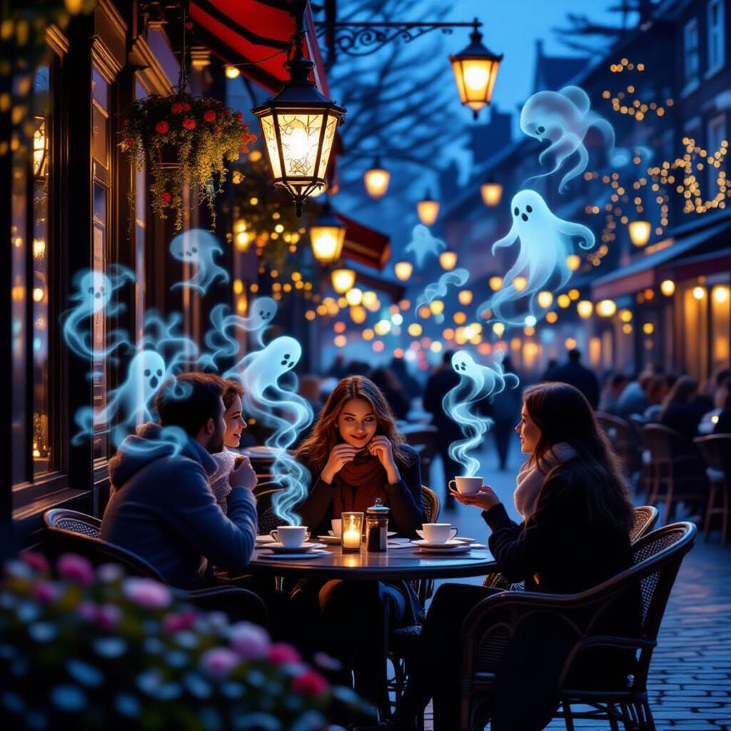 Twilight Cafe with Ethereal Lanterns and Ghostly Steam